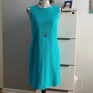 CYNTHIA ROWLEY Teal Eyelet Scalloped Hem Sleeveless Sheath Dress size 4